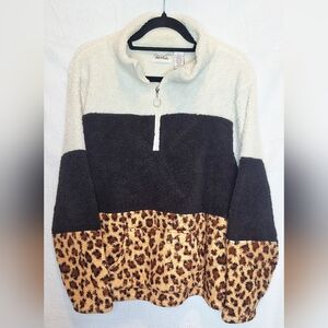 Le Moda Colorblock Leopard Sherpa Fleece Pullover - Cozy Teddy Quarter Zip - XXL
